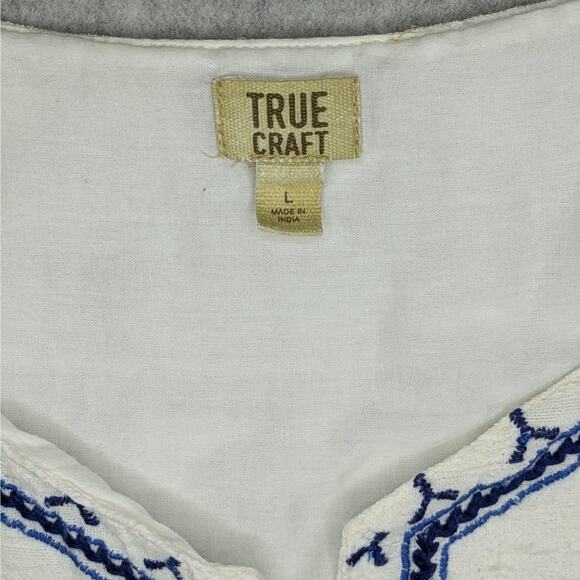 True Craft Jacket L White 100% Cotton Blue Embroidered Boho Peplum Tie Raw Hems - Picture 5 of 15